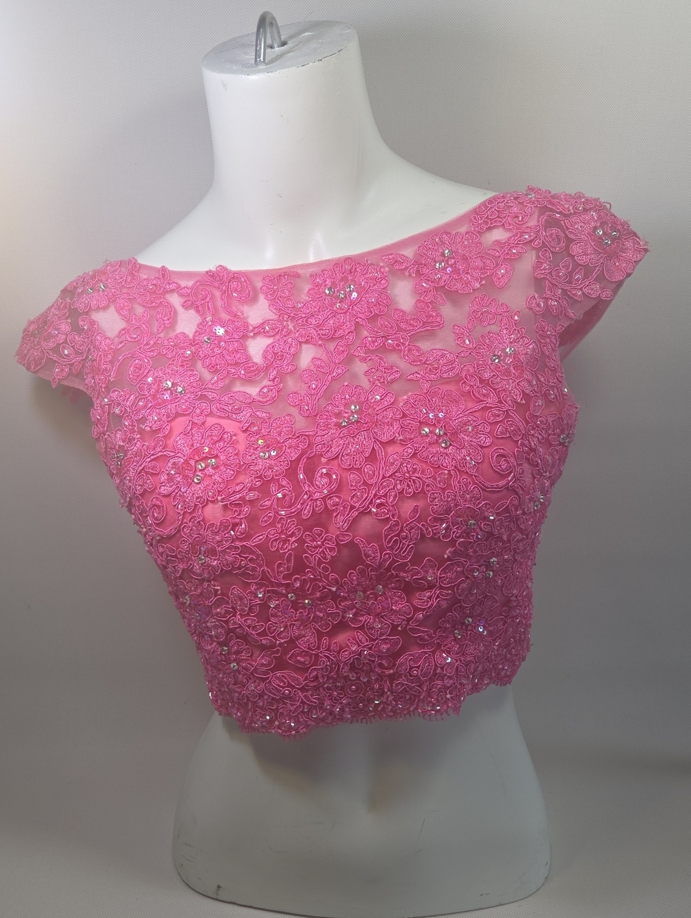 Sherri Hill Pink Lace Sequin Embellished Open Back Crop Top - Size 8